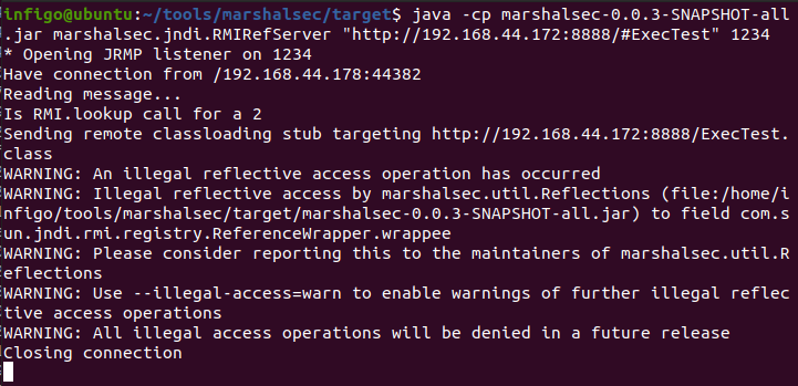 The marshalsec package creates a JNDI reference indirection server using the RMI protocol